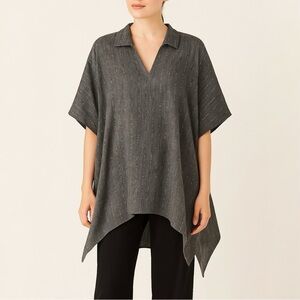 ESKANDAR Linen Blend Oversized Collared Short Sleeve Tunic Top